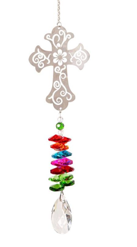 Floral Memorial Crystal Hanging Cross – 11 in